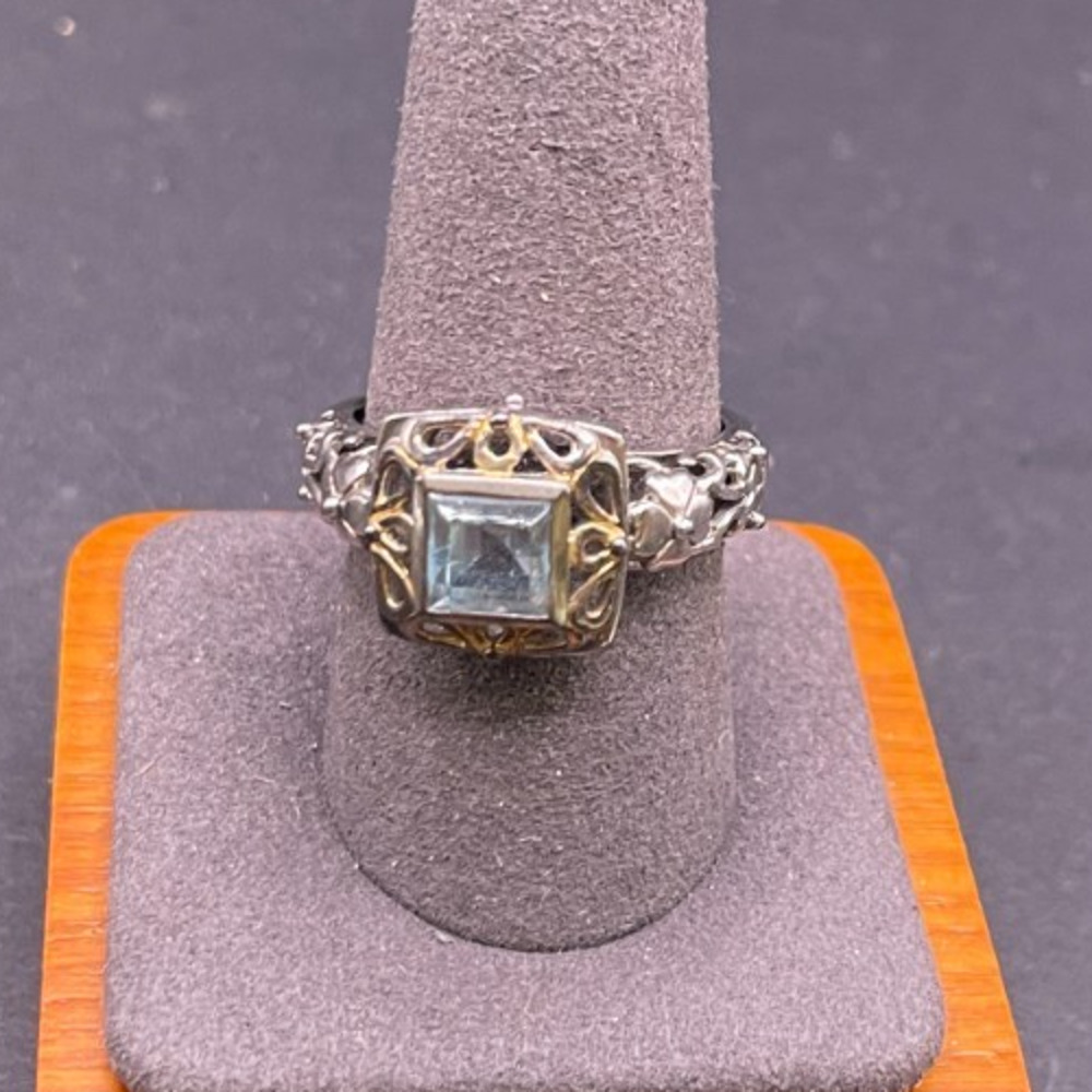 UTC Sterling Silver 925 Square Light Blue Topaz Filigree Ring Two Tone Size 10